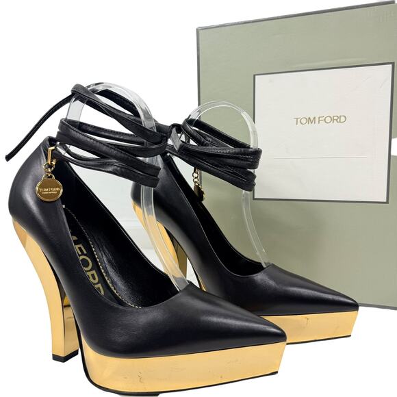 New Tom Ford Lux Nappa Leather Tie Platform Heels Black Size 37.5 - Picture 2 of 11